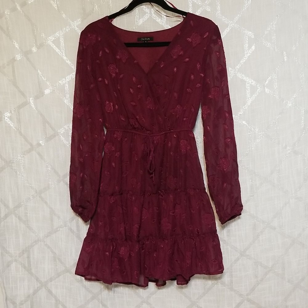 City Studio Womens Dress Tiered Burgundy Size Small Fairy Boho